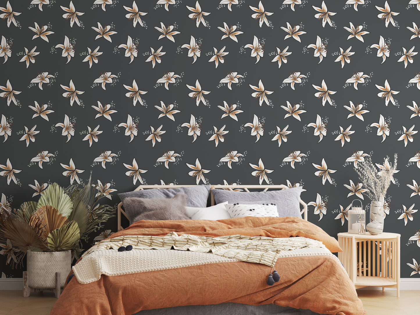 Boho Lilies (Dark) Wallpaper