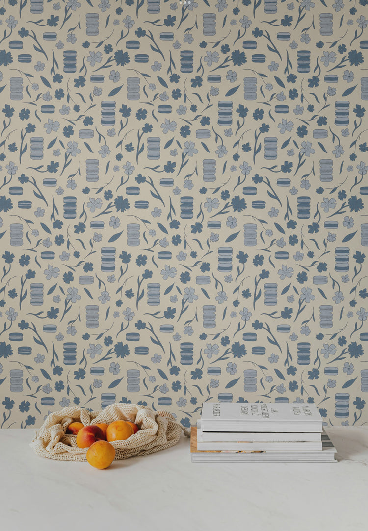 Blue and White Floral Macrons