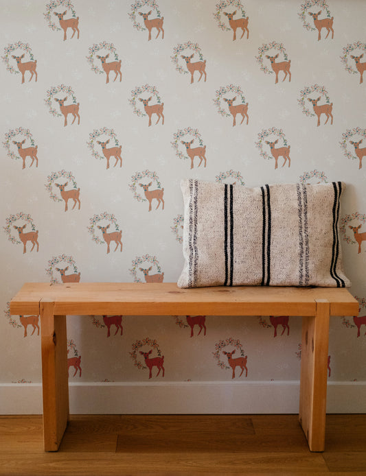 Fawn Wreath On Cream Wallpaper