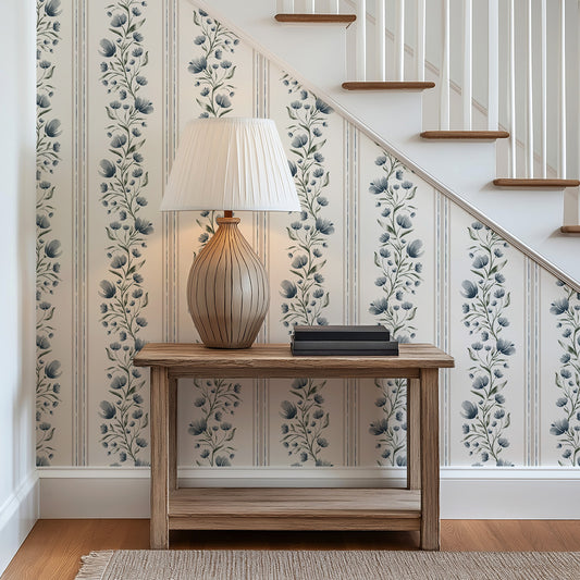 Floral Stripes in Dusty Blue